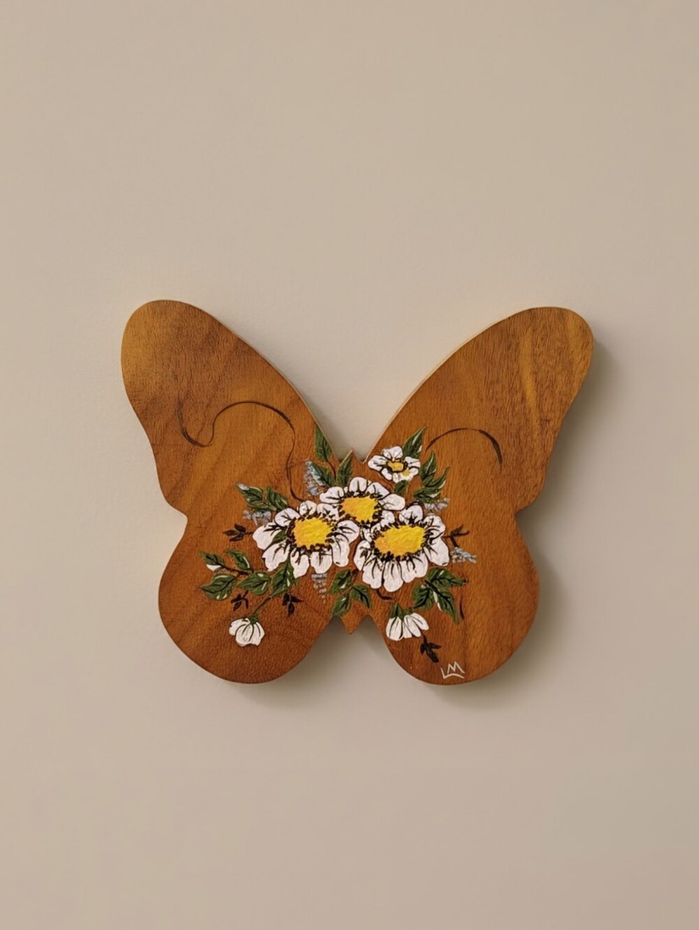 Vintage Hand-Painted Wooden Butterfly Decor with White & Yellow Flowers